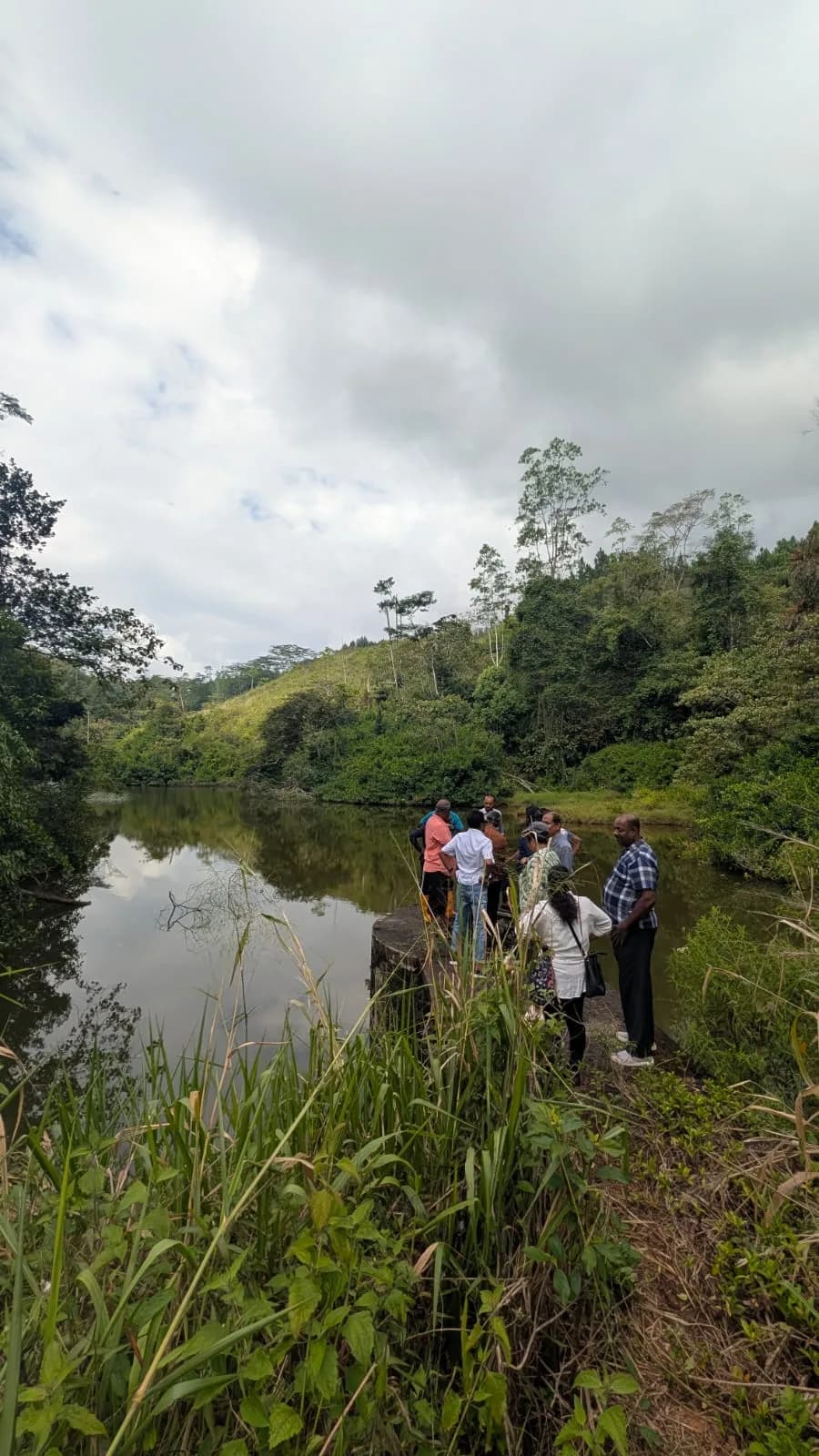 Forest and reservoir landscape with field team members